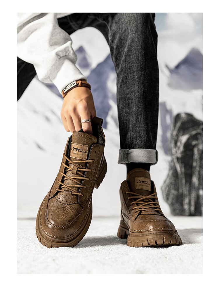 Bull Family Martin Boots Men New British Style Mid-High Casual Shoes Outdoor Fleece-Lined Warm Work Boots for Men 27