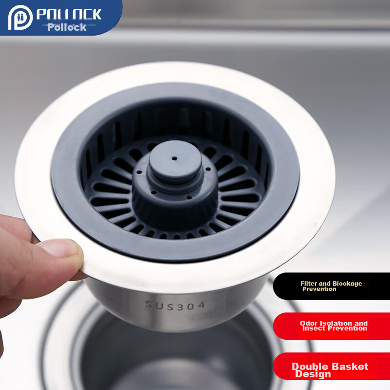 Pollock Kitchen Double Sink Strainer, Vegetable Washing Basin Drain Stopper, Spring-Loaded Filter Core, Stainless Steel Odor Prevention Device SCX-S