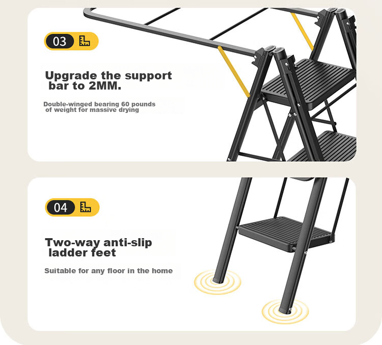 DU PONT Ladder, Household Clothes Drying Rack, Dual-Purpose Multifunctional Folding A-Frame Ladder, Widened Clothesline, No Installation Required [Yao Black], 5 Steps 20