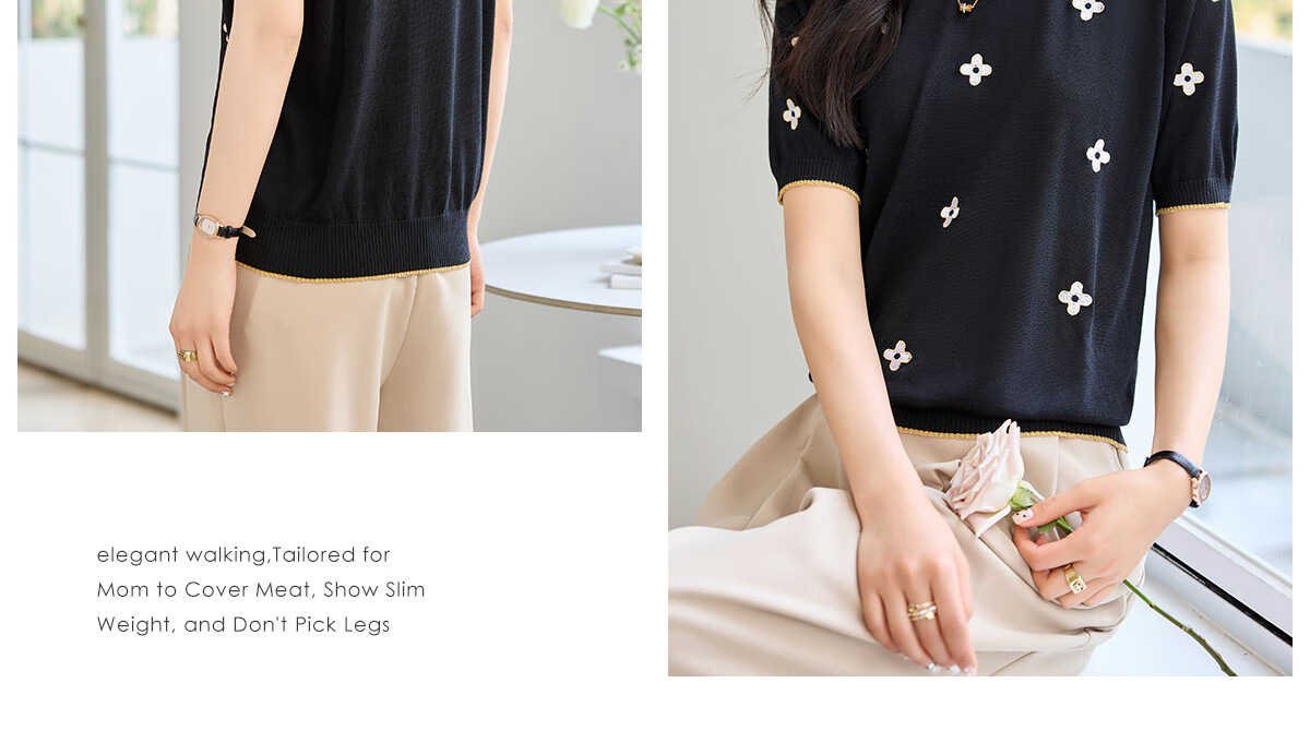 She Enjoy Short Sleeve T-Shirt Women Round Neck Lucky Clover Embroidered Casual Versatile Knit Tee T143T1376 10