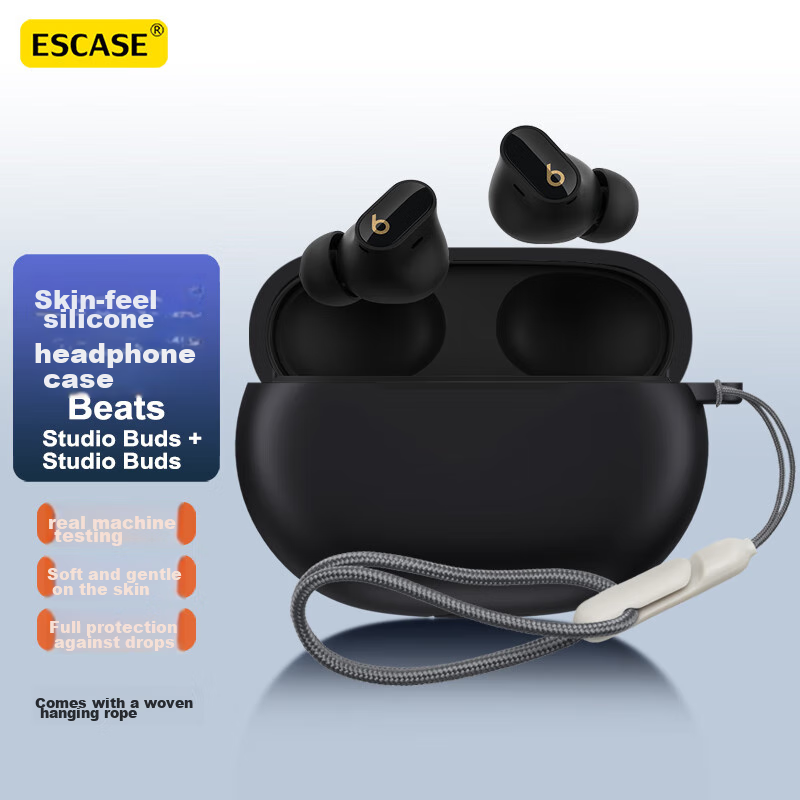 ESCASE Protective Case for Beats Studio Buds, Buds+ Bluetooth Earphones, Silicone Storage Box, Soft Shell, Full Coverage, Shockproof, Ultra-Thin Protective Case, Lustrous Black + Lanyard