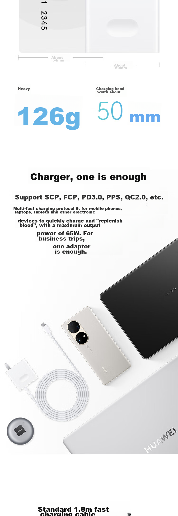HUAWEI Super Fast Charging Multi-Device Power Adapter (Max 65W), Compact Portable Pocket Charger, Compatible with HarmonyOS Laptops And HUAWEI Phones, Tablet, 1.8-Meter Cable 2