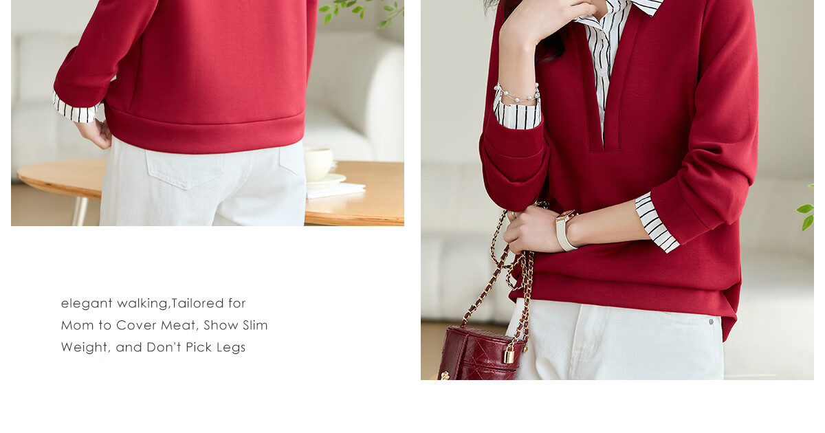 She Enjoy Women's Sweatshirt with Fake Two-Piece Shirt Collar and Striped Patchwork Casual Fashion Versatile Pullover T141W1668 13