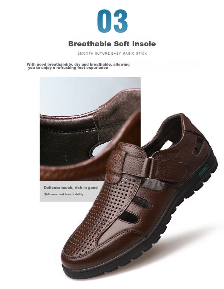 EGCHI Men's Sandals, Hollow-Out Slip-On, Top-Grain Leather, Velcro Casual Leather Sandals, J8838, Black, Size 39 11