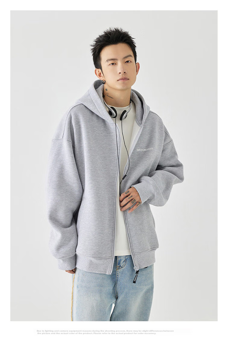 GOLFCROSS Couple's Sweatshirt, Spring And Autumn Letter Embroidery, Loose Hooded Cardigan Jacket, Gray, S 10