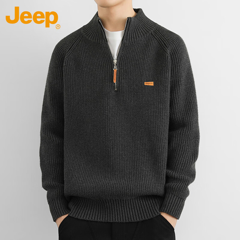 JEEP Men's Winter Thickened Zipper Base Layer Sweater Loose Knitwear Dark Gray M