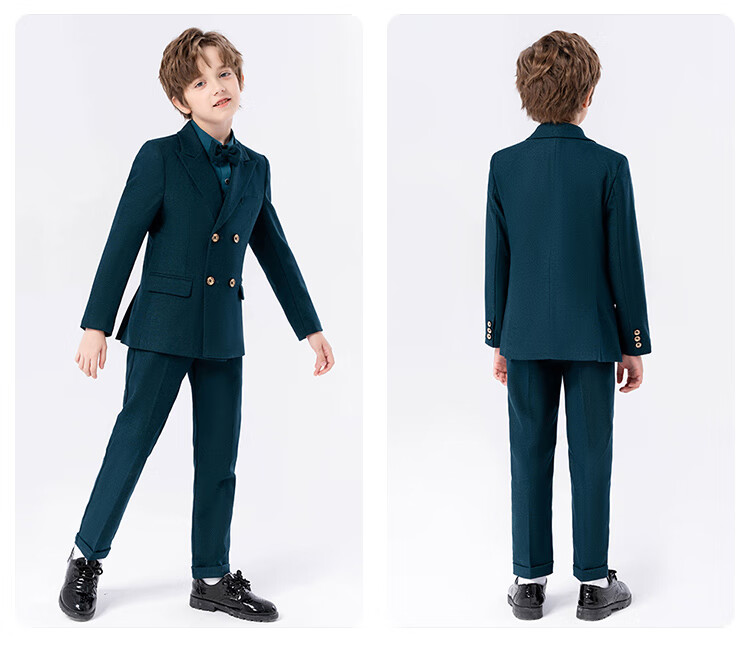 LUOBOBEIBEI Boys' Suit Set Children's Formal Wedding Flower Boy Blazer New Year Performance Outfit Dark Green Five-Piece Set Size 160 5