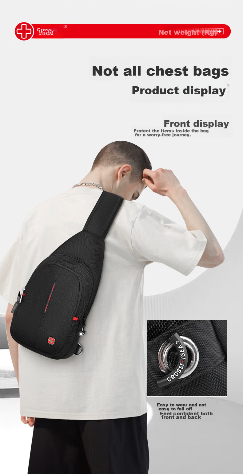 CROSSGEAR Swiss Cross Medal Casual Sports Shoulder Bag, Men's Crossbody Flat Backpack, Multifunctional Cycling Storage Bag 13