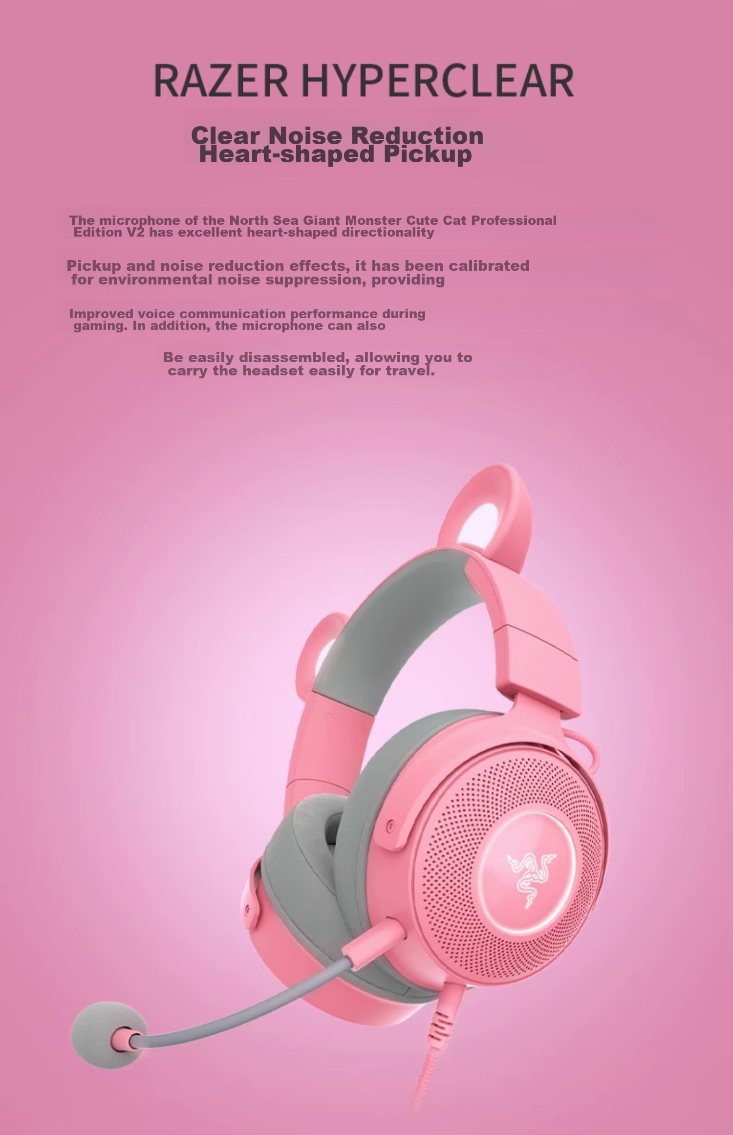 Razer Beihai Giant Monster Cute Cat Professional Edition V2 Wired Over-Ear Gaming Headset with Microphone, Popular Cat Ear Rabbit Ear Bear Ear RGB Lighting Effects PUBG Essential Pink 6