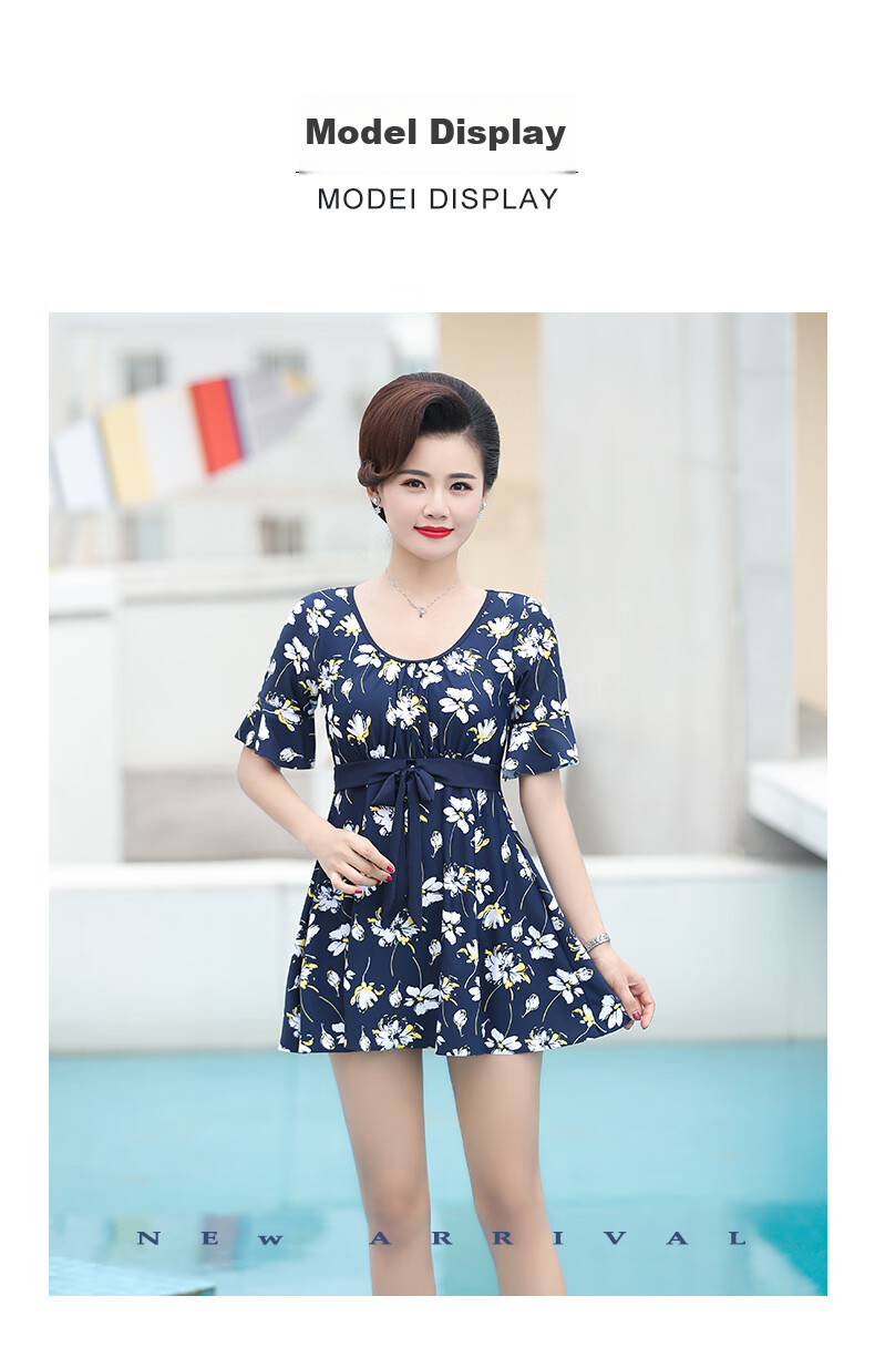 F.DYRAA Women's Swimsuit, Hot Spring Slimming Dress, Breathable Middle-Aged And Elderly Mom Swimwear Three-Piece Set 11703 Deep Blue Yellow Flower XL 9