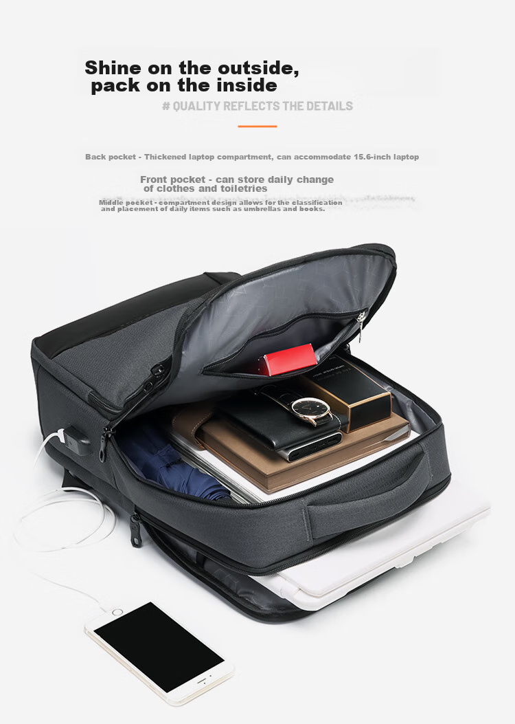 GOLF Backpack for Men, Large Capacity 15.6-Inch Laptop Backpack, USB Interface with Multiple Compartments, Business Casual Travel Bag for Students, Dark Gray with Black 5