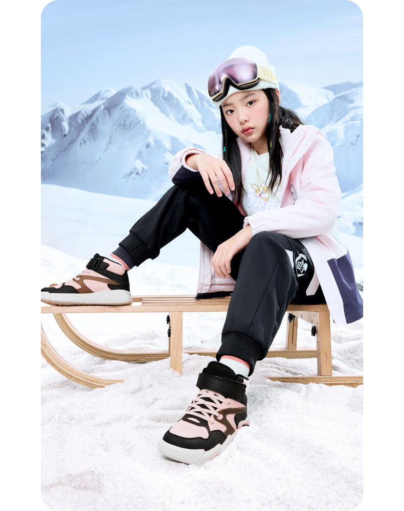 QIAODAN Girls' Fleece-Lined Cotton Shoes Children's Winter Casual Mid-Top Hook-and-Loop Sneakers QIAODAN White/Peach Pink Size 39 2