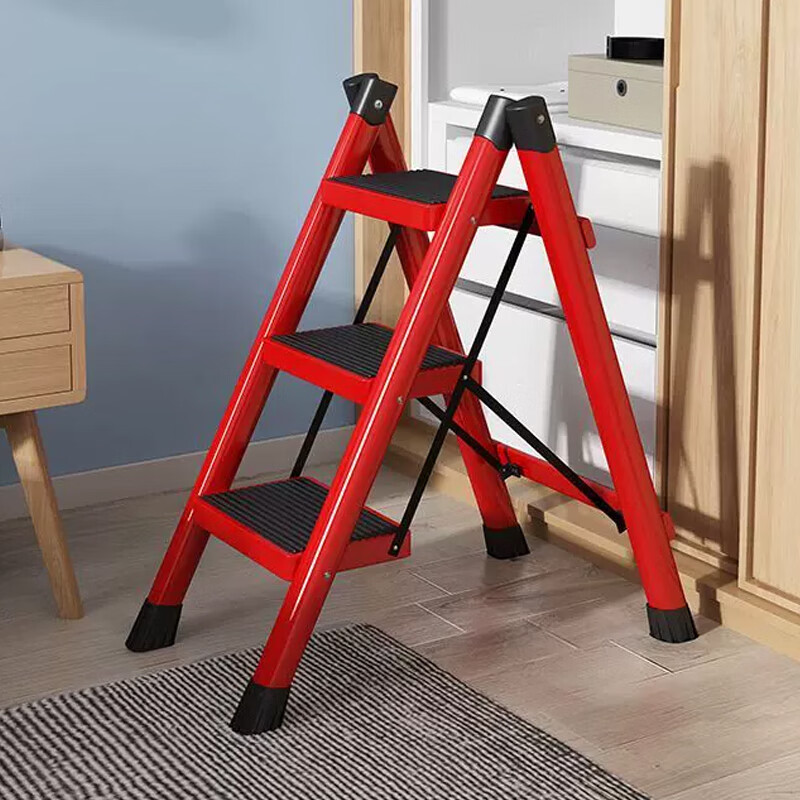 XINGKAI Folding Ladder, Household A-Frame Ladder, Multi-Functional Climbing Ladder for Moving, TZ57 Red Three-Step Ladder