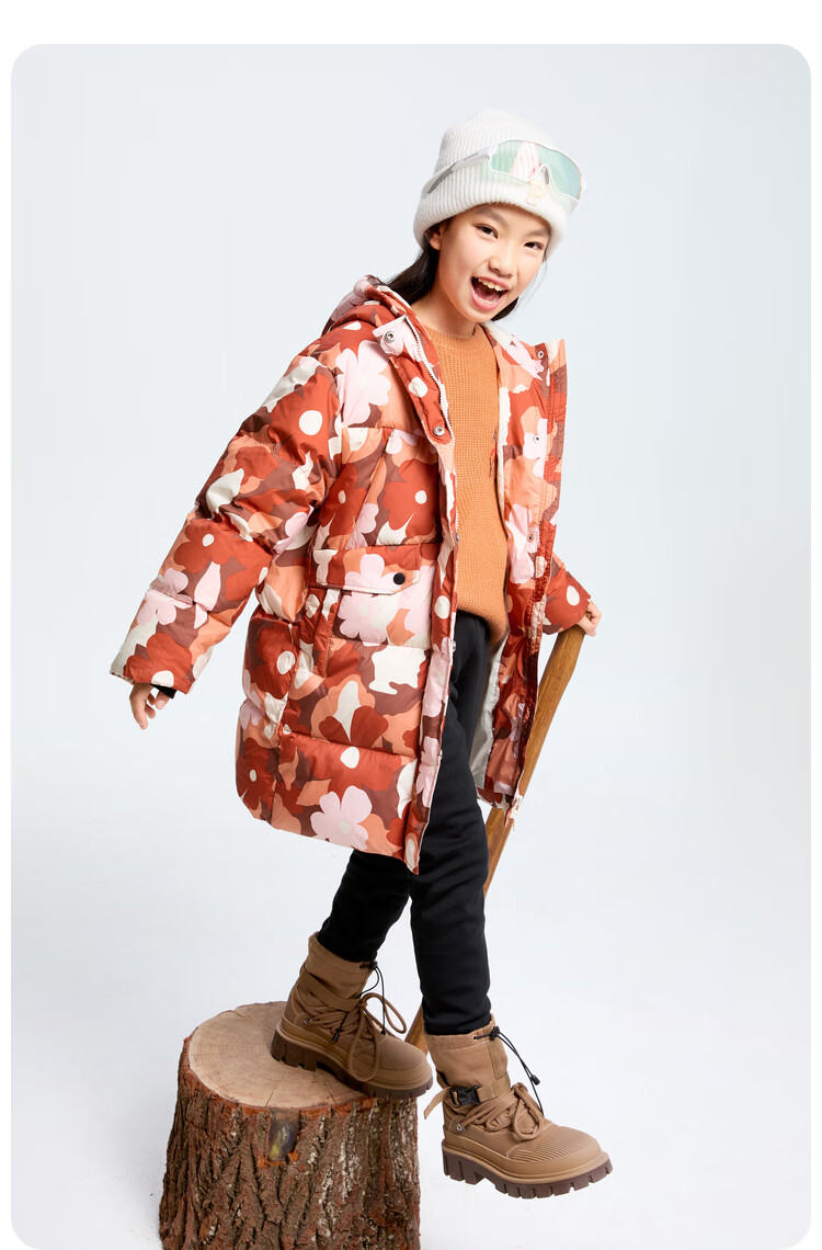 Annil Children's Clothing, Girls' Mid-Length down Jacket, 2024 Winter New Style, Brown Floral Pattern, Size 120 8