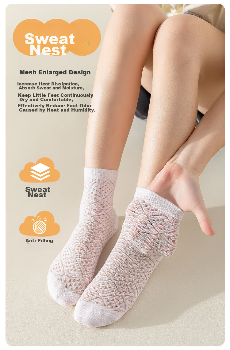 MiiOW Children's Socks, Summer Girls Thin Floral Mesh Cotton Socks, Highly Elastic Breathable Mid-Calf Sports Student Socks, 5 Pairs Pack 7