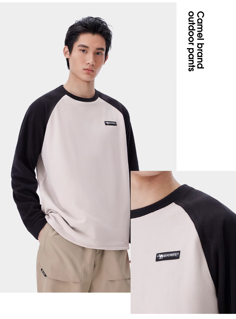 CAMEL Outdoor Fleece Jacket for Men, Inner Layer Autumn And Winter Long-Sleeve T-Shirt, 220g Lightweight Heat-Retaining, A14CA6K788, Phantom Black, L 13