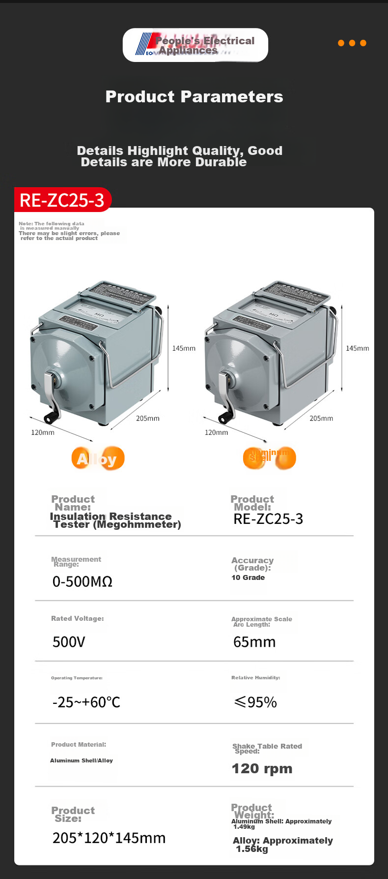 Renmin Megohmmeter, Insulation Resistance Tester, Electrical Inspection Meter, 1000V/1000MΩ, ZC25-4 10