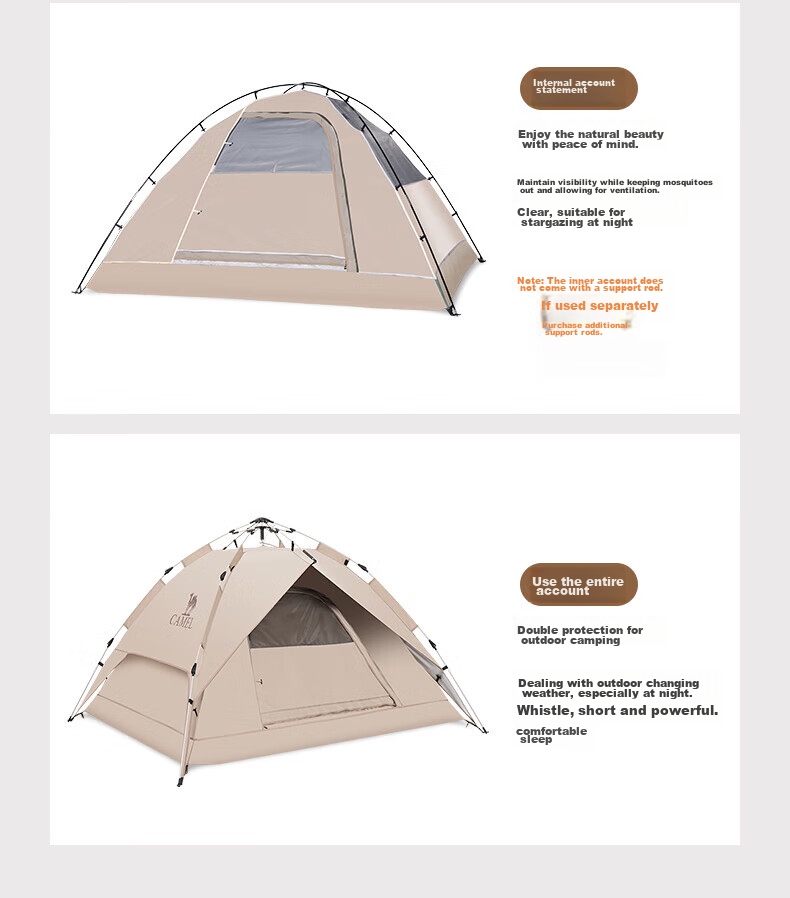 CAMEL Outdoor Hydraulic Tent, Thickened Portable Fully Automatic Camping Tent, Outdoor Picnic Rainproof Camping Equipment, Mocha Color 12