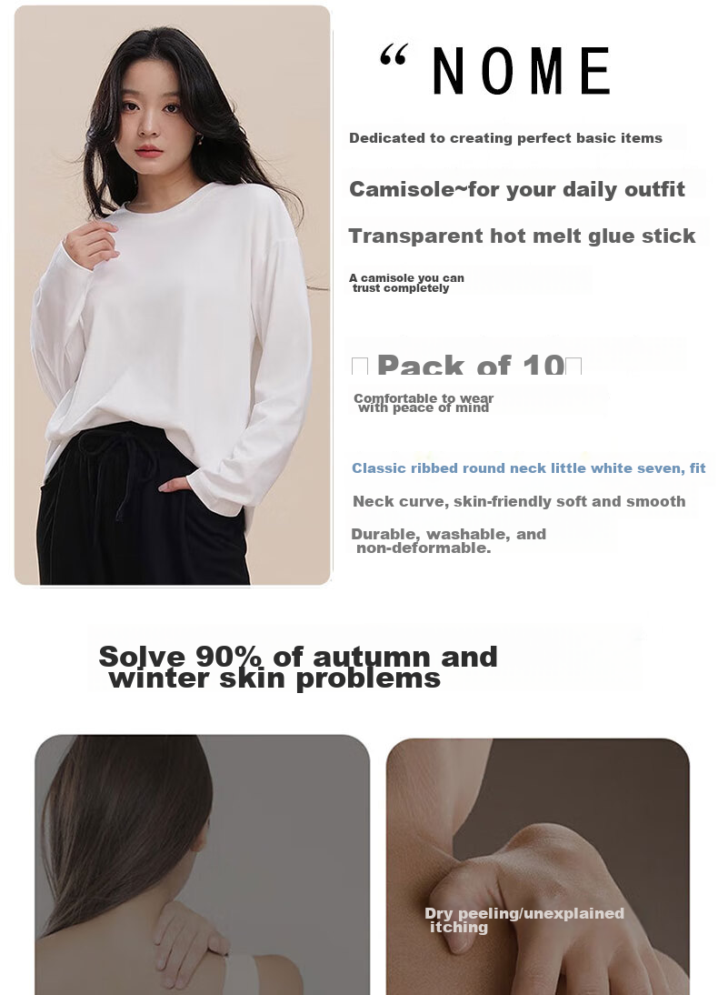 NOME Women's Base Layer Top, Spring 2026 Simple White Loose Inner Long-Sleeve Undershirt, White, XL 3
