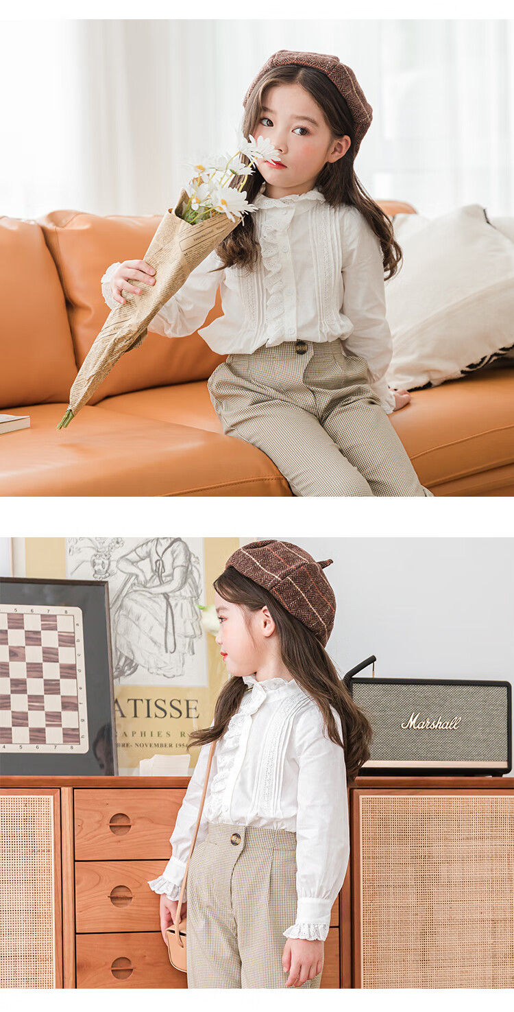 LUOBOBEIBEI Girls' White Long-Sleeve Shirt, Lace Trim Inner Blouse, Autumn White Base Layer, White, Size 150 5