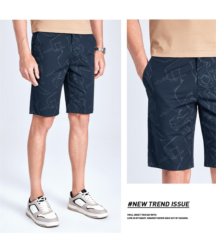 DANCING WOLVES [Cotton Spandex & All-Over Adult Label] Summer Breathable Skin-Friendly Flat Waist Casual Shorts, 102 Dark Blue, Size 31 7
