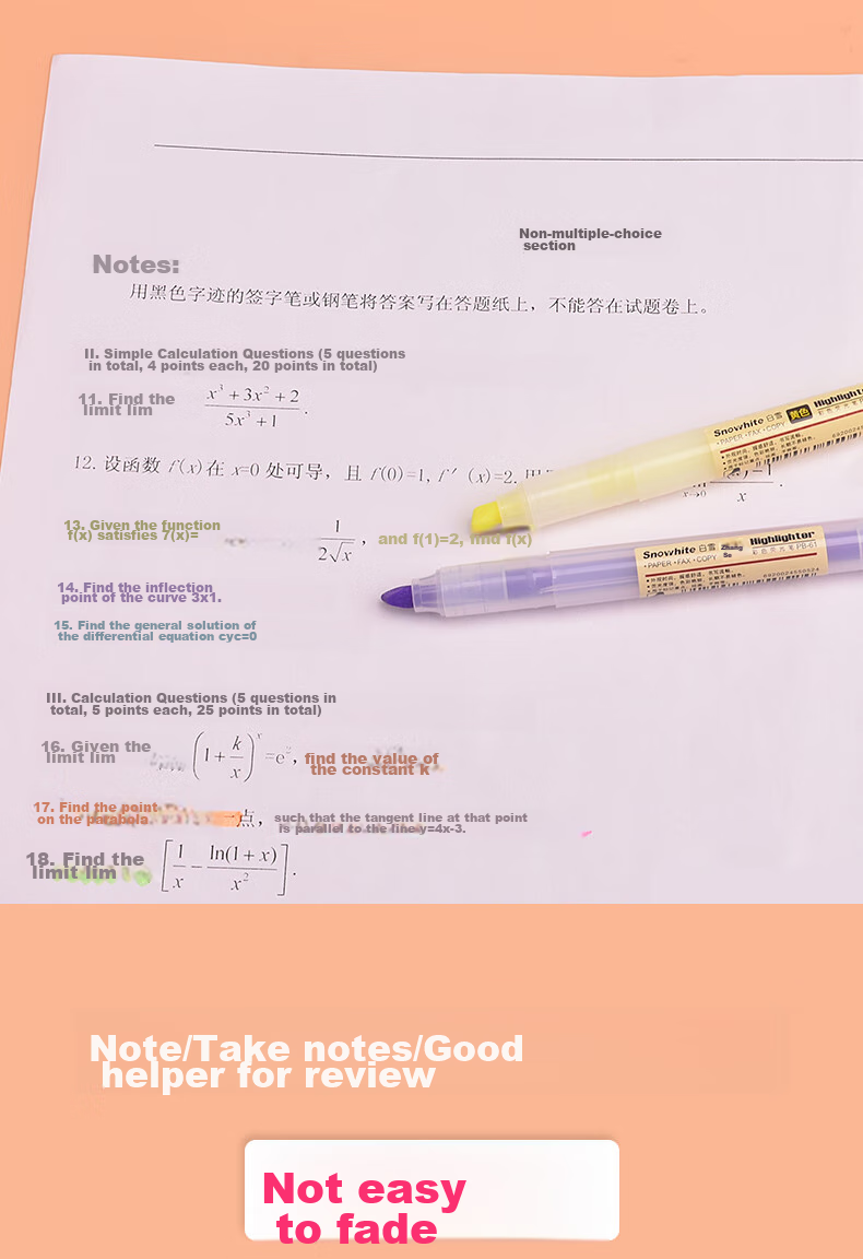 Snowhite Highlighter Set, 6 Colors, Axe-Shaped Tip, Light Pastel Color, Highlighting Pen, Journal And Drawing Marker, 6 Pens/pack, Six Ink Colors, PB-61 Bagged OPP 8