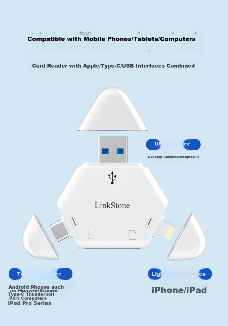 LinkStone USB Flash Drive OTG Multi-Function Card Reader Compatible with Phones, Computers, Cameras, SD Cards, High-Speed Huawei Type-C, Apple IPad Tablets, TF Cards, Multi-Purpose Three-In Card Reader 2