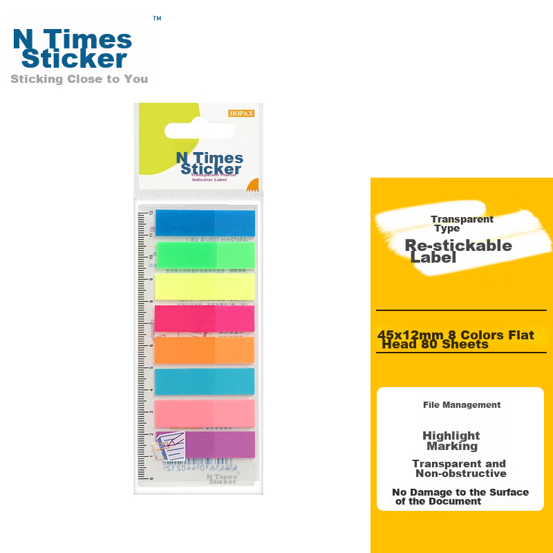 STICKN , 80 Sheets, 8 Colors Fluorescent Film Indicator Labels, 45*12mm, Classification Index Sticky Notes, Memo Pads, 34021