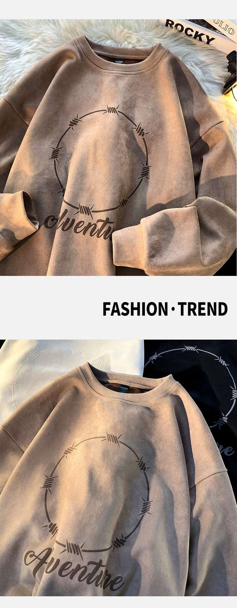 Foss Phil Men's Suede Sweatshirt, Spring And Autumn American Retro Round Neck Top, Loose Casual Base Layer Y307 Beige 2XL 6