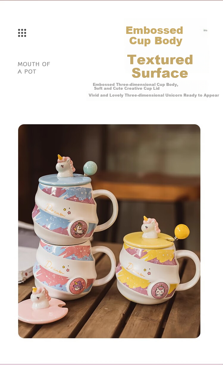 PINYU Mug, Coffee Cup, Ceramic Water Cup, Birthday Gift with Lid And Spoon, Pink Unicorn Design, 400ml Capacity 5