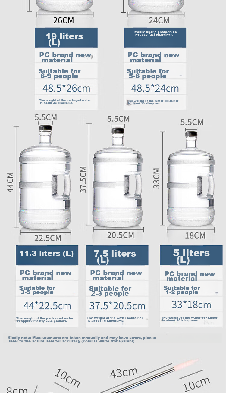 BJ Pure Water Bucket, Food-Grade PC Mineral Water Bucket Drinking Water Bucket, Bottled Water Dispenser Portable Transparent Water Bucket, Large Capacity 11.3L + Water Bucket Brush 11