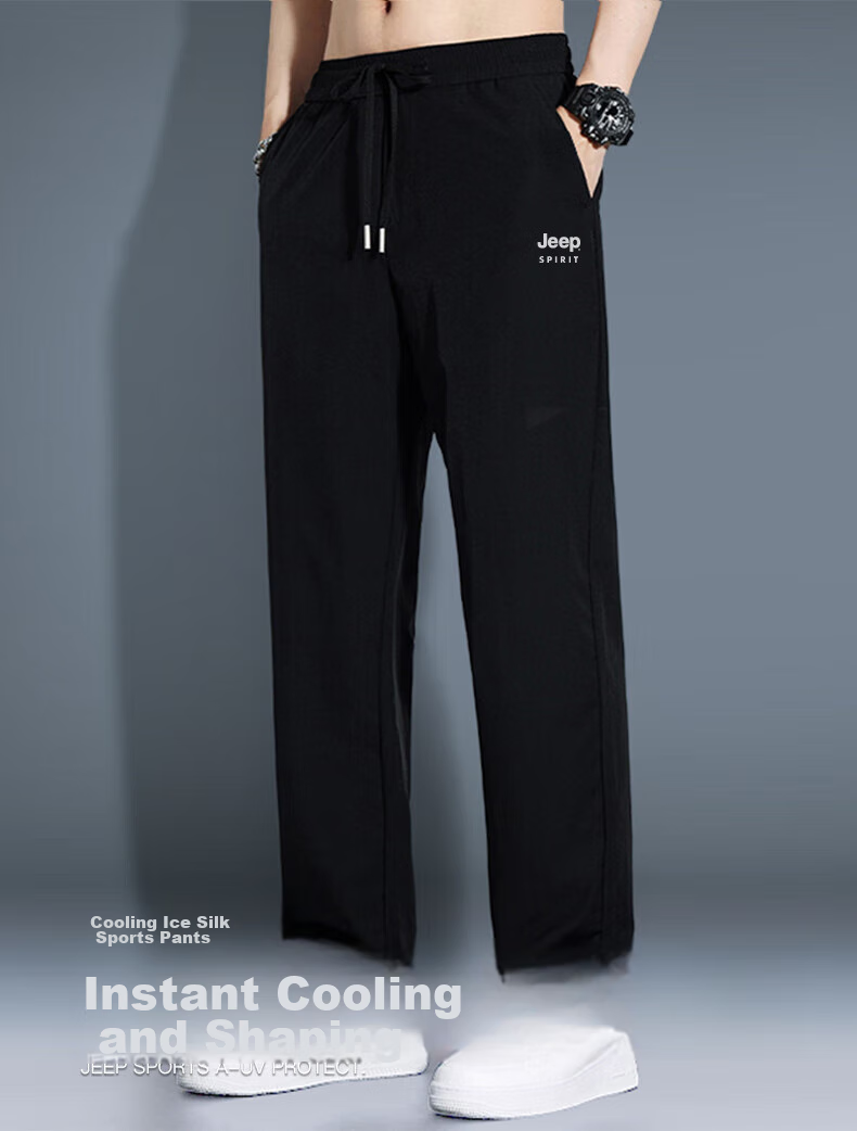JEEP SPIRIT Men's Sports Pants, Summer Quick-Dry Casual Trousers, Comfortable Breathable Ice Silk Pants, Straight-Leg Pants for Men, Black 3XL 2