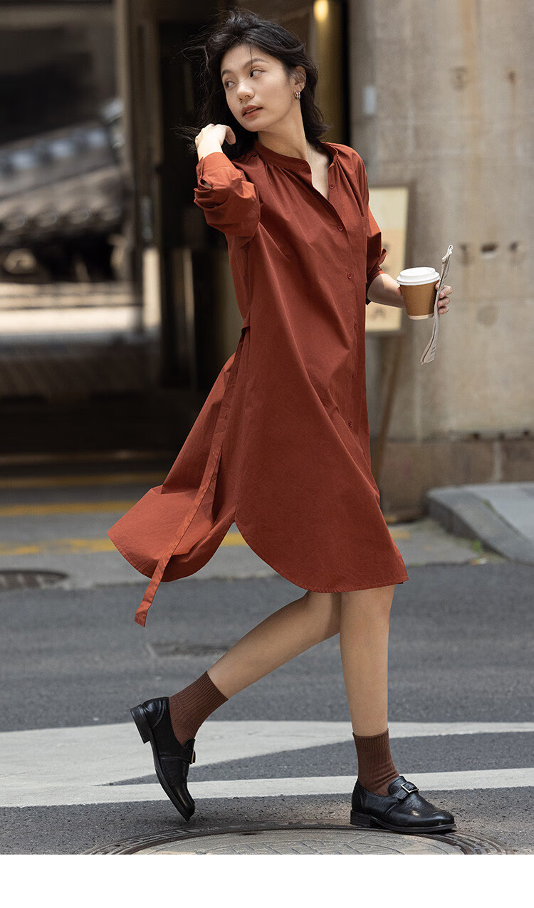 Dme Vintage Shirt Dress with Tie Waist, Niche Design, Loose-Fitting Slimming Dress, Rust Red, S 10