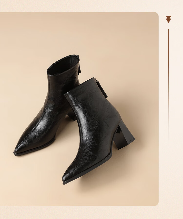 ZHR Fleece-Lined Women's Ankle Boots 2025 Winter New Pointed Toe High Heels Thick Heels Fashion Slim Boots BL616A Black 37 4