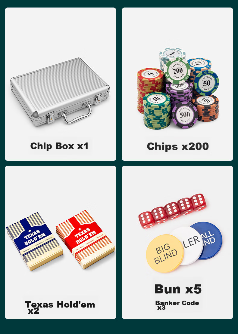 Huasheng Texas Hold'em Poker Chips, 200 Pieces, Clay Poker Chips, Mahjong Tiles, Coin Tokens, Point Coins, Reward Coins, Aluminum Box Set H-031 4