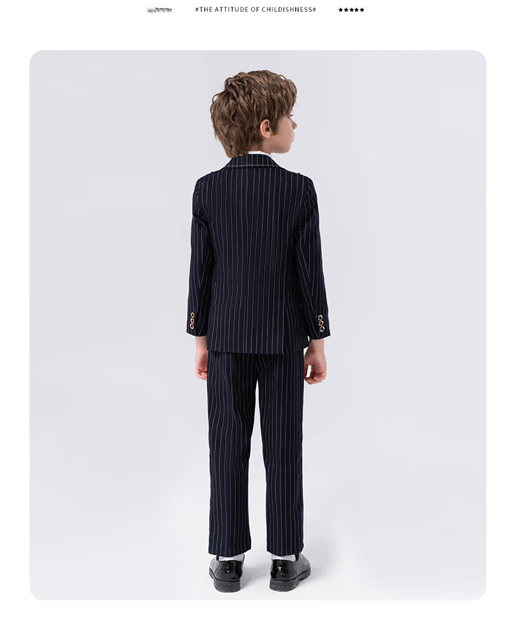 LUOBOBEIBEI Children's Suit, Boys' Striped Blazer Vest Set, Spring Formal Wear for Boys' New Year's Greetings, Navy Blue Five-Piece Set, Size 140 14