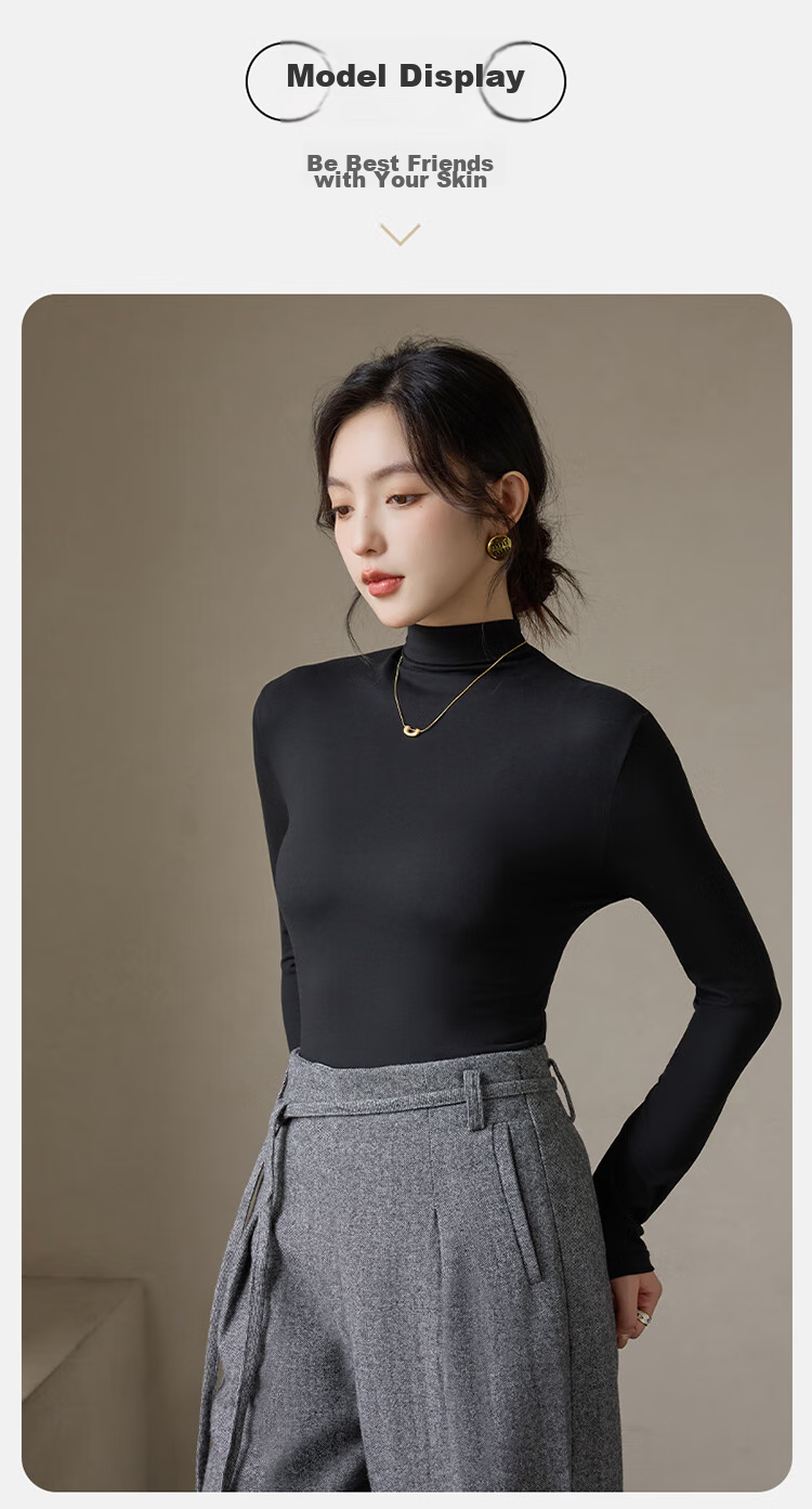 LangSha Turtleneck Base Layer for Women, Inner Wear, Warm, Form-Fitting, Spring And Summer, Antibacterial, Anti-Mite, Black Long-Sleeve T-Shirt, Brushed Warm Top 14