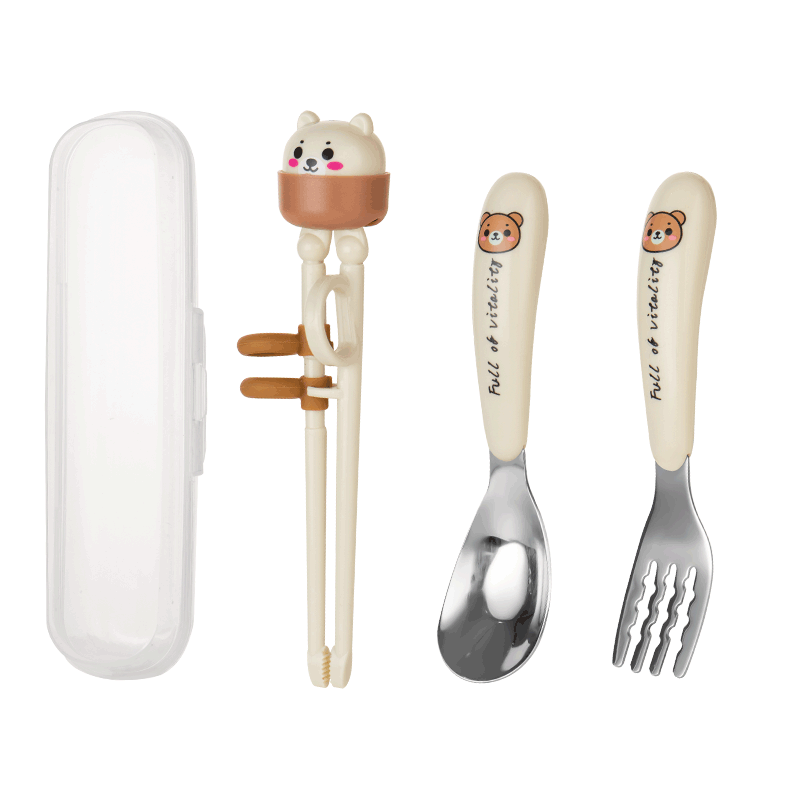 Guangyi Children's Chopsticks Training Set with Fork And Spoon, Kids' Tableware 3-Piece Set with Storage Box GY1336