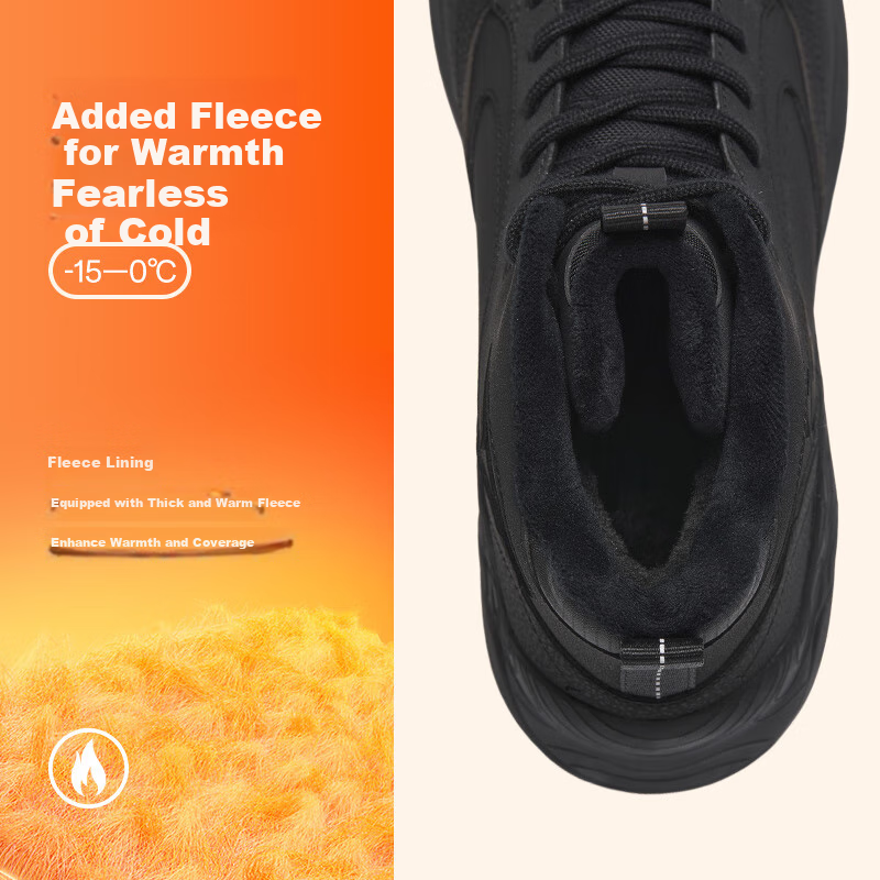ANTA Cotton Shoes, Casual Shoes for Men, Winter Leather Upper, Fleece-Lined, Thickened, Warm, Platform Heels, Durable Sneakers