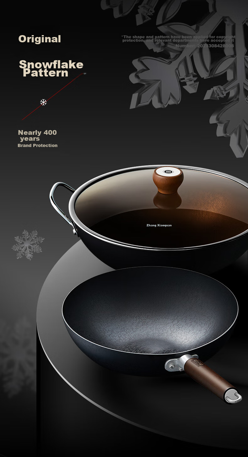 Zhangxiaoquan Snowflake Pattern Black Diamond Similar Style Non-Coated All-Purpose Anti-Scalding Wok Iron Pan 32cm with Lid 12