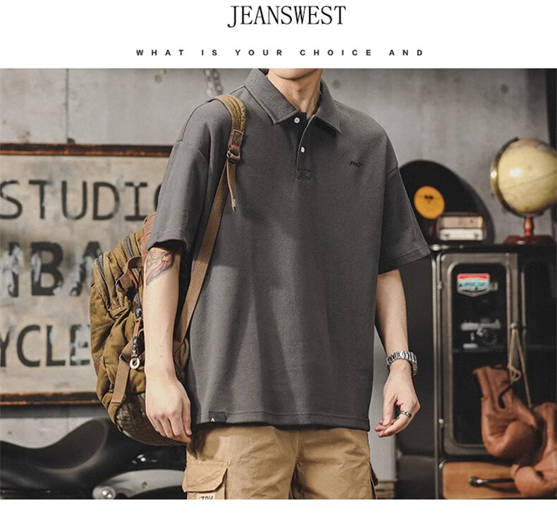 Jeanswest American Vintage Polo Shirt Men Summer Simple Heavyweight Loose Fit Plus Size Short Sleeve Top 15