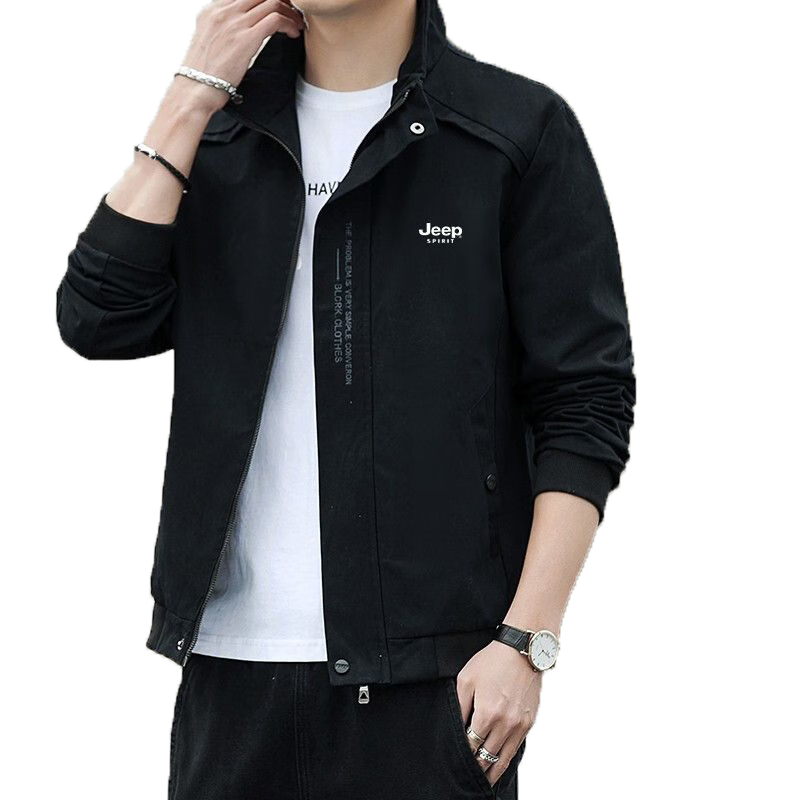 JEEP SPIRIT Men's Jacket, Spring And Autumn Outerwear, Business Stand-Up Collar, Casual Versatile Trendy Menswear, Black, XL