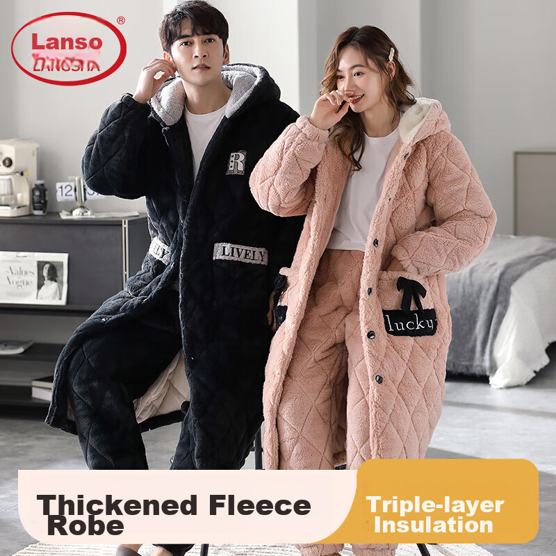 LangSha Couple's Winter Three-Layer Padded Sleepwear, Men's Thickened Coral Fleece Warm Loungewear, Plus Size Home Wear