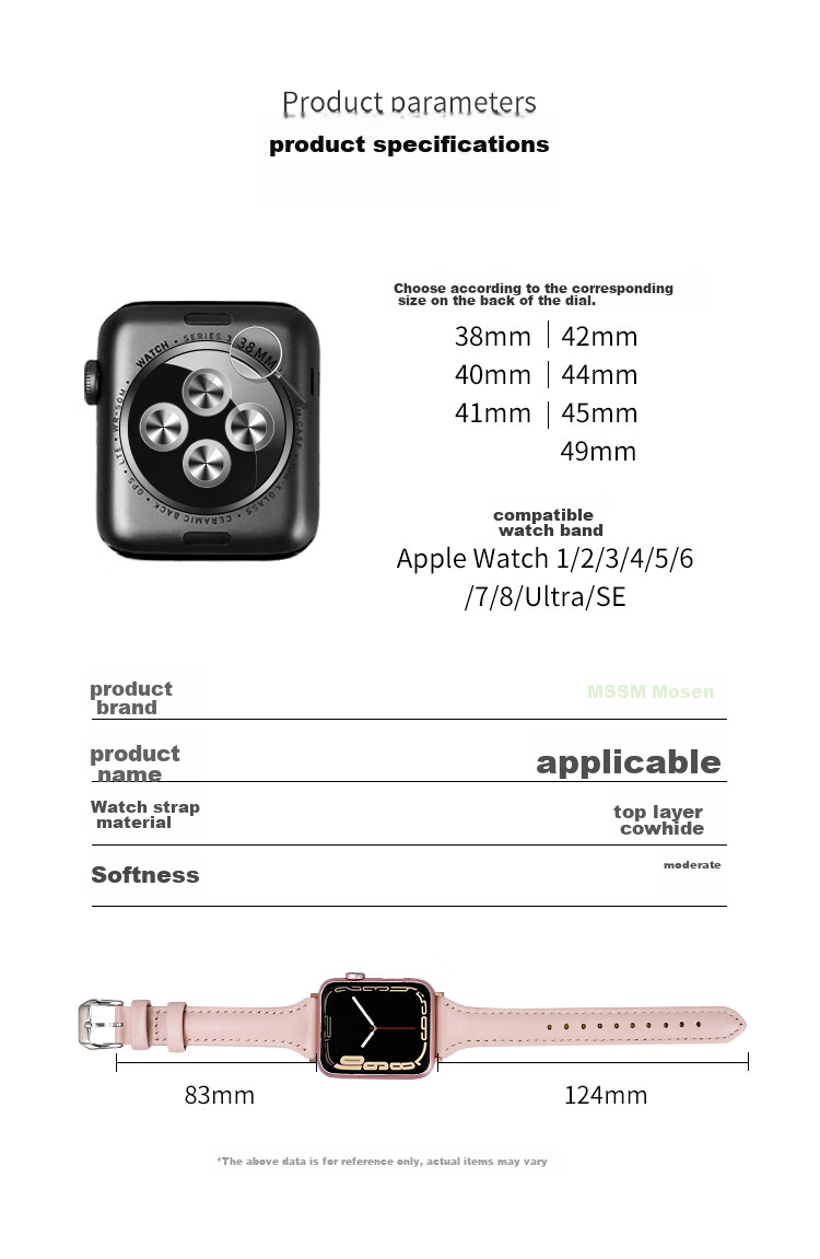 MSSM Women's Slim Waist Genuine Leather Apple Watch Band Compatible with IWatch Ultra 3/S11/10/9/8/Se3, Black, 38/40/41mm 13