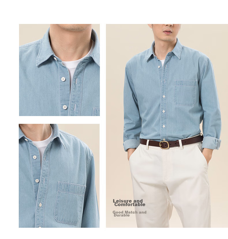 BLACKMONDAY Pure Cotton Vintage Washed Denim Shirt, Men's Business Formal Wear, Single Pocket Casual Long-Sleeve Shirt Jacket 10