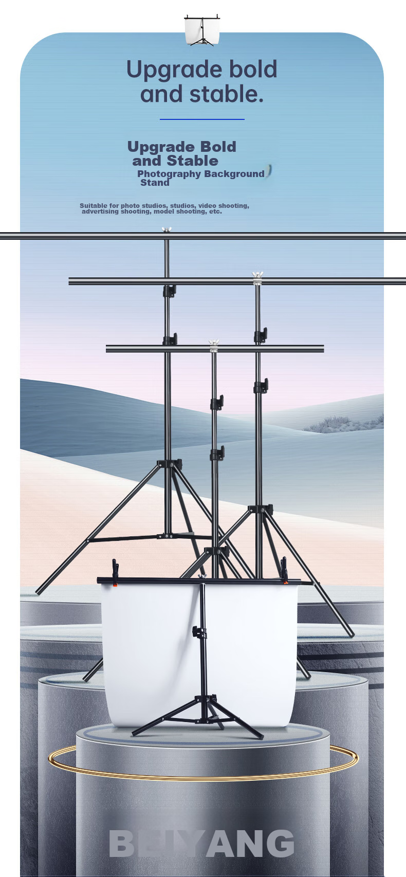 Beiyang Photography Background Stand, 80*200 Medium T-Shaped Frame, Softbox Paper Backdrop Stand, Photography Equipment Studio Accessory, Portable Metal Background Stand (With 2 Large Clips Included) 1