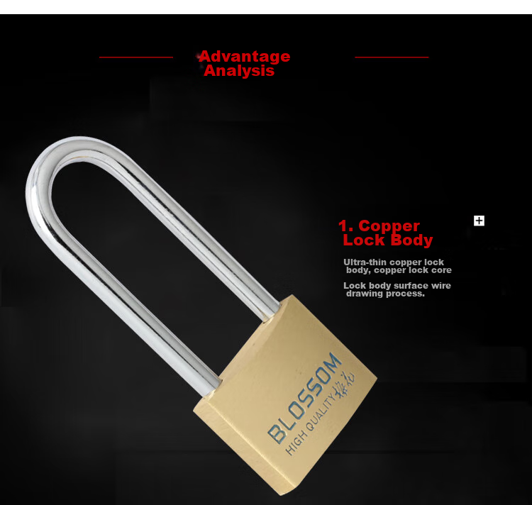 BLOSSOM Brass Padlock, Long Shackle Lock, Indoor Door Dormitory Lock, Waterproof Rust-Proof Lock, Student Drawer Cabinet Lock BC074L 3