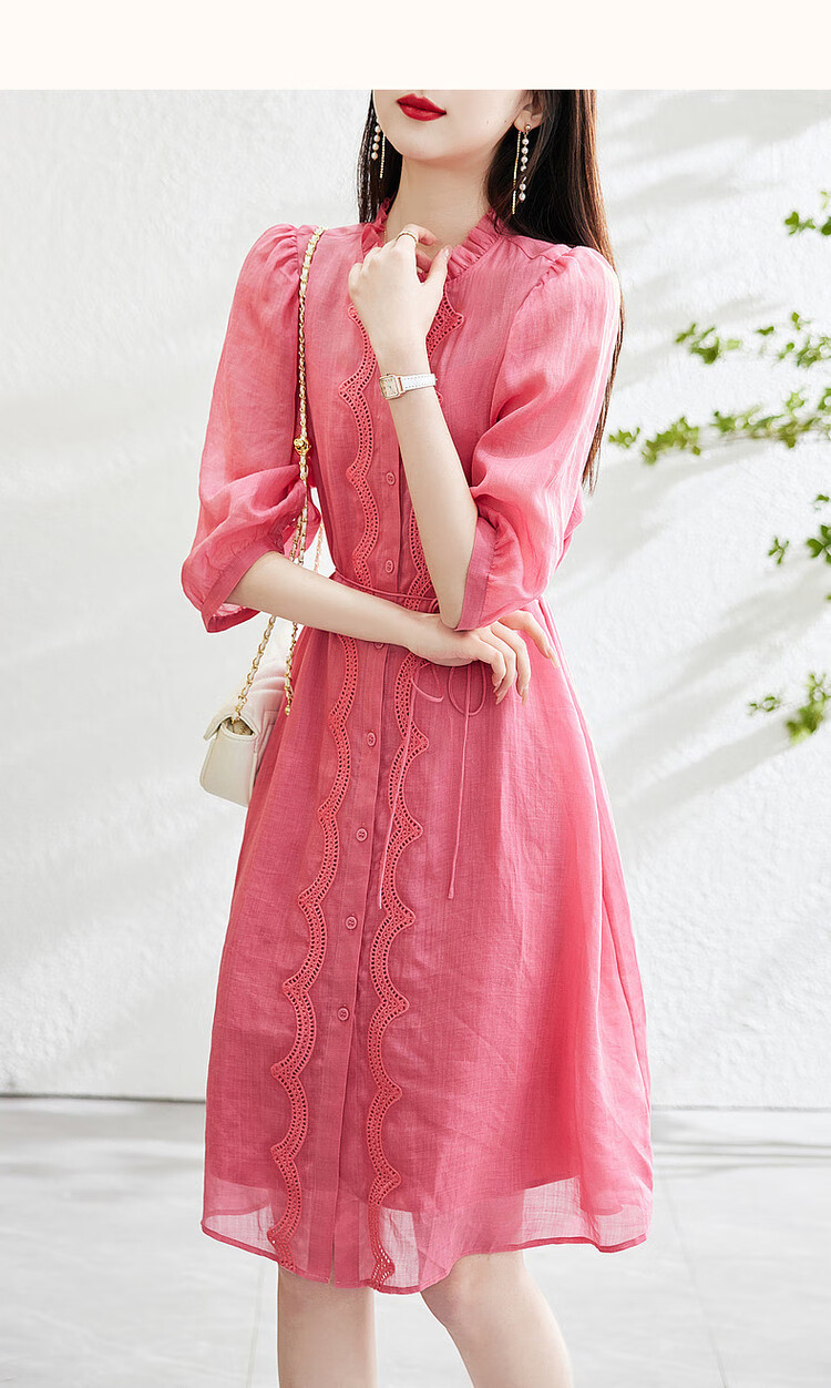 Dme [Breathable 100% Ramie] Spring And Autumn Natural Comfortable Round Neck Tie-Up Embroidered Three-Quarter Sleeve Dress 10
