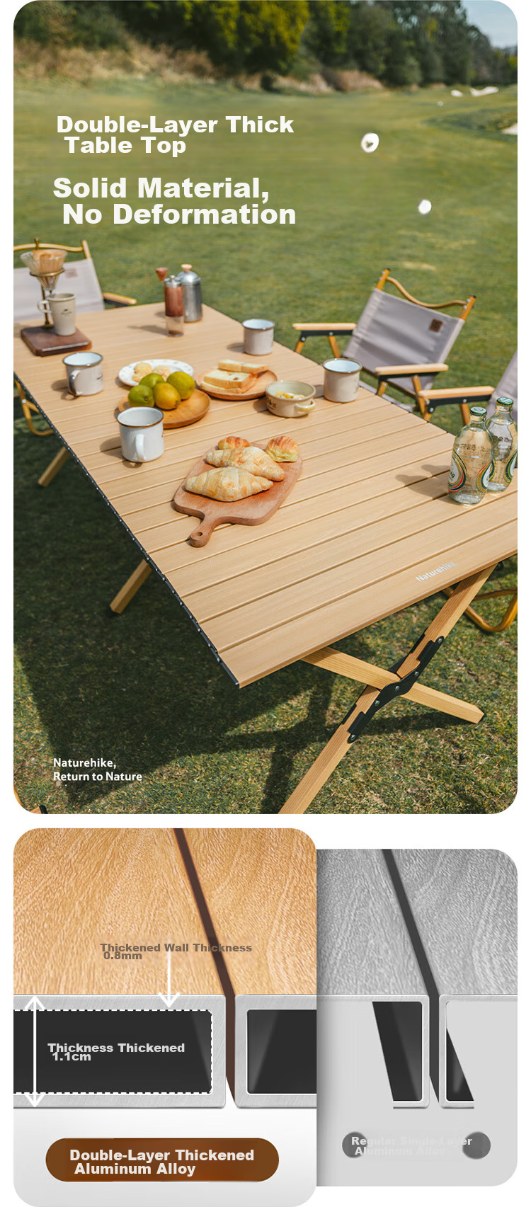 Naturehike Nuoke Xingjian L01 Egg Roll Table, Aluminum Alloy Camping Table, Outdoor Folding Table, Picnic Table, Oak Color, Large Size 8