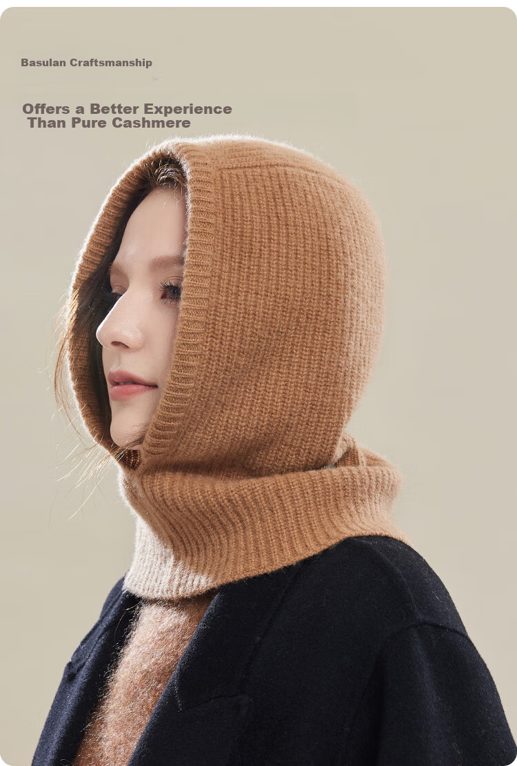 JIUMU Cashmere Warm Knit Hat for Women, Autumn And Winter Balaklava Wool Knitted Hat, Cold-Proof Hooded Neck Warmer All-I 5